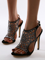 Femmes Sandales Talon aiguille Strass Sandales Sangle sexy Réglable Bout rond Sandales noires