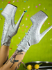 Femmes Sexy bottes bout ouvert fermeture éclair paillettes étoiles motif imprimé talon aiguille argent Rave Club cuissardes bottes sur le genou