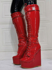 Femmes Sexy Bottes Plus La Taille Bout Rond Slip-On Talon Compensé Ture Rouge Cuissardes Sur Le Genou Bottes En Cuir Verni