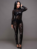 Femmes Sexy Jumpsuit Manches Longues Col Haut Paillettes Géométrique Maigre Club Combinaison