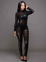 Femmes Sexy Jumpsuit Manches Longues Col Haut Paillettes Géométrique Maigre Club Combinaison