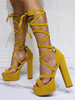 Femmes Sexy Sandales Golden Micro Suede Upper Open Toe Talon Chunky À Lacets Talons
