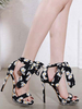 Femmes Sexy Sandales Talon Haut Stiletto Noir Toile Bout Ouvert Sangle De Cheville Fleur Imprimé Sandales