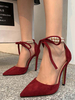 Femmes Sexy Talons hauts Bourgogne Bout pointu Sangle de cheville Perles Chaussures sexy
