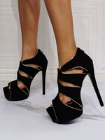 Femmes Sexy Talons Hauts Noir Bout Ouvert Micro Suede Sexy Talons Aiguilles