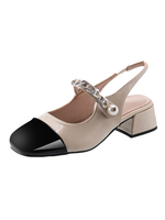 Femmes Slingback Talons Abricot Bout Carré Chunky Talon À Lacets En Cuir Verni Slingback Talons
