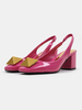 Femmes Slingback Talons Rose Rouge Talon Chunky Bout Carré En Cuir Verni Sandales Dété