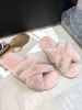 Femmes Slipper Talon Plat Perlé En Peluche Supérieure Sandales Slide Rose