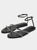 Femmes Strass Bout Rond Plat Noir Gladiateur Sandales Cuir PU