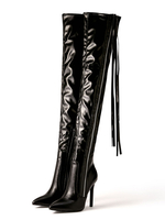 Femmes sur les bottes au genou talon aiguille bout pointu chaînes PU cuir cuissardes