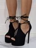 Femmes talon haut Sexy sandales noir Micro daim supérieur bout ouvert talon aiguille Sexy bride à la cheville talons