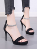 Femmes talon sandales talon aiguille noir bout carré nubuck bride à la cheville talons