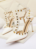 Femmes talons hauts sangle bout pointu réglable talon aiguille Rivets Chic blanc PU cuir talon sandales