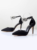 Femmes Talons Hauts Slip-On Bout Pointu Talon Aiguille Strass Chic Noir Cheville Bride Talons