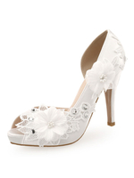 Femmes Talons Hauts Slip On Peep Toe Gobelet Talon Fleurs Bas Tops Talons Blancs