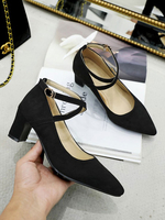 Femmes talons mi-bas noir bout pointu talon épais sangle de cheville réglable croisé escarpins