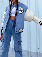 Femmes Vestes Col Bijou Manches Longues Lettres Imprimer Surdimensionné Bouton Avant Casual Bébé Bleu Veste De Baseball Dhiver