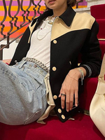 Femmes Vestes Col Rabattu Manches Longues Deux Tons Bouton Avant Casual Street Wear Veste Surdimensionnée Noire