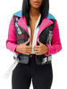 Femmes vestes courtes rose col rabattu manches longues rivets veste de moto