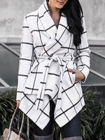 Femmes Wrap Manteau à carreaux col rabattu manches longues à lacets manteaux hiver
