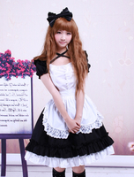 Garniture en dentelle de coton noir doux Maid Lolita monobloc tablier blanc manches courtes Déguisements Halloween