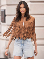 Gilet à franges Western Cowgirl col ras du cou veste bohème printemps daim pour femme 2026