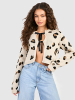 Gilet court imprimé léopard à nouer sur le devant manches longues en maille collection femme 2026