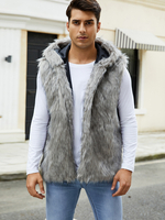 Gilet En Fausse Fourrure Noir Hiver Chaud Hommes Sans Manches Col Rabattu Capuche