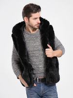 Gilet En Fausse Fourrure Noir Hiver Chaud Hommes Sans Manches Col Rabattu Capuche