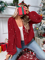 Gilet rouge de Noël à col en V et manches bouffantes pour femme 2026