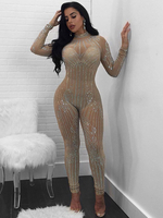 Glitter Women Jumpsuit Paillettes Sheer Perles Manches Longues One Piece Clubwear