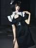 Gothique Chines Style OP Lolita Robe Noire Manches Courtes Volants Robe Noire Deux-Tons Décontractée Une Pièce
