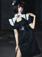 Gothique Chines Style OP Lolita Robe Noire Manches Courtes Volants Robe Noire Deux-Tons Décontractée Une Pièce