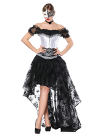 Gothique Costume Déguisements Halloween Femmes Noir Dentelle Manches Courtes Haut Corset Et Jupe Asymétrique