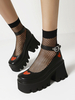 Gothique lolita chaussures chaussures noir motif de coeur rond en cuir PU dentelle lolita pompes