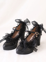Gothique Lolita Chaussures Fleurs Blanches Arcs Volants Bout Rond En Cuir PU Escarpins Lolita