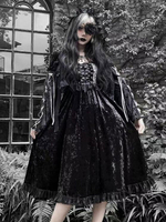 Gothique Lolita Op Robe Noir Longues manches à manches longues en dentelle en dentelle floral imprimé noir Lolita une pièce