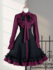 Gothique Lolita OP Robe Noir Rouge à Volant Manche Longue Robe Classique Vintage Déguisement Halloween
