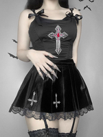 Gothique Lolita Robe Bretelles Cou Sans Manches Polyester Dentelle Noir Minijupe