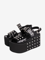 Gothique Lolita Sandales Rivets Bout Rond Brevet PU Supérieure Noir Lolita Chaussures Compensées D