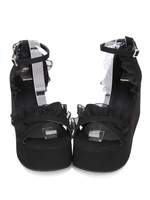 Gothique Lolita Sandales Ruffle Ankle Strap Platform Talon compensé Noir Lolita Chaussures Déguisements Halloween