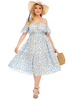 Grande taille robe bleu ciel bretelles cou manches courtes motif imprimé floral polyester longueur de thé robe dété
