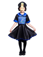 Halloween Costumes de Zombie chinois pour enfants Noir Bleu Polyester Vêtements Chapeau Vacances Costumes Ensemble complet