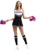 Halloween Déguisement Cheerleader Pom-pom Girl Adulte Pour Femmes Noir Sexy Polyester Robe Courte Vacances Costumes Ensemble Complet
