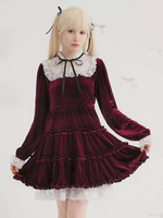 Halloween Robe Lolita en dentelle décolleté manches longues volants en velours robe gothique