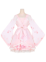 Hanfu Lolita tenues OP robe une pièce en mousseline de soie rose doux à manches longues volants imprimé couvrir avec jupe pull JSK