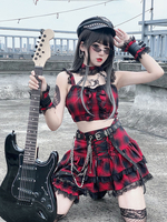 Harajuku Fashion Lolita Outfits Jupe supérieure à carreaux rouge sans manches en polyester Tenues Harajuku pour filles