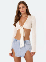 Haut court blanc en acrylique à lacets et col en V pour femme manches longues haut sexy