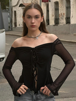 Haut court sexy à épaules dénudées en maille à manches longues et chemisier découpé à nouer sur le devant pour femmes 2025