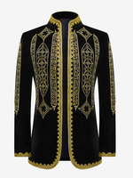 Haut noir vintage rétro en polyester brodé avec boutons et blocs de couleurs à manches longues costumes rétro pour homme